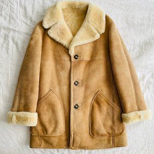 Shearling ranch coat, vintage, fluffy soft tan suede, unisex size 40